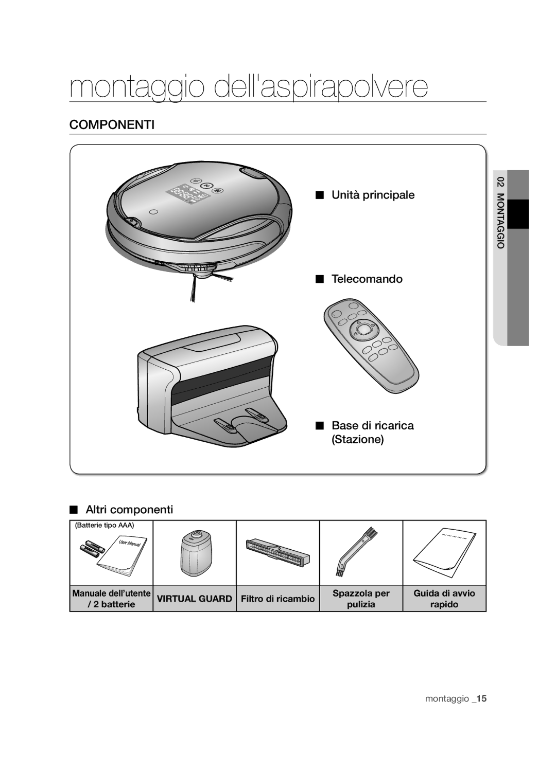 Samsung VR10F71UCBC/EG, VR10F71UCBC/EO manual Montaggio dellaspirapolvere, Componenti, Virtual Guard Filtro di ricambio 