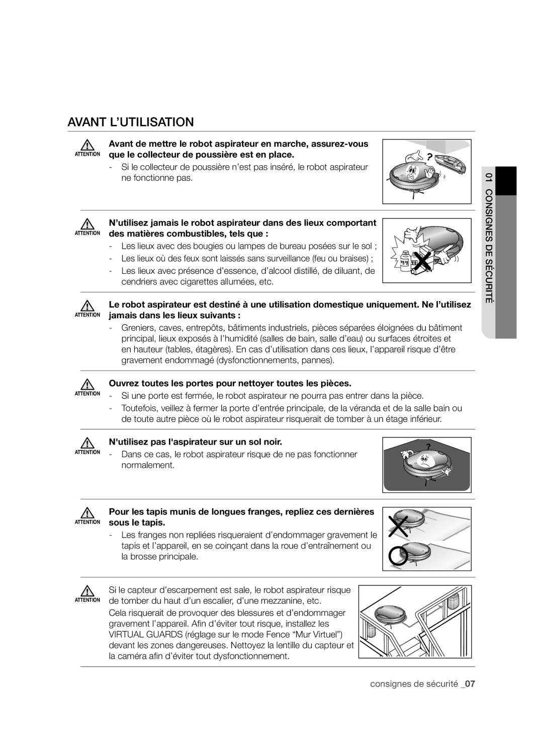 Samsung VR10F71UCBC/EO Avant L’UTILISATION, Des matières combustibles, tels que, Cendriers avec cigarettes allumées, etc 