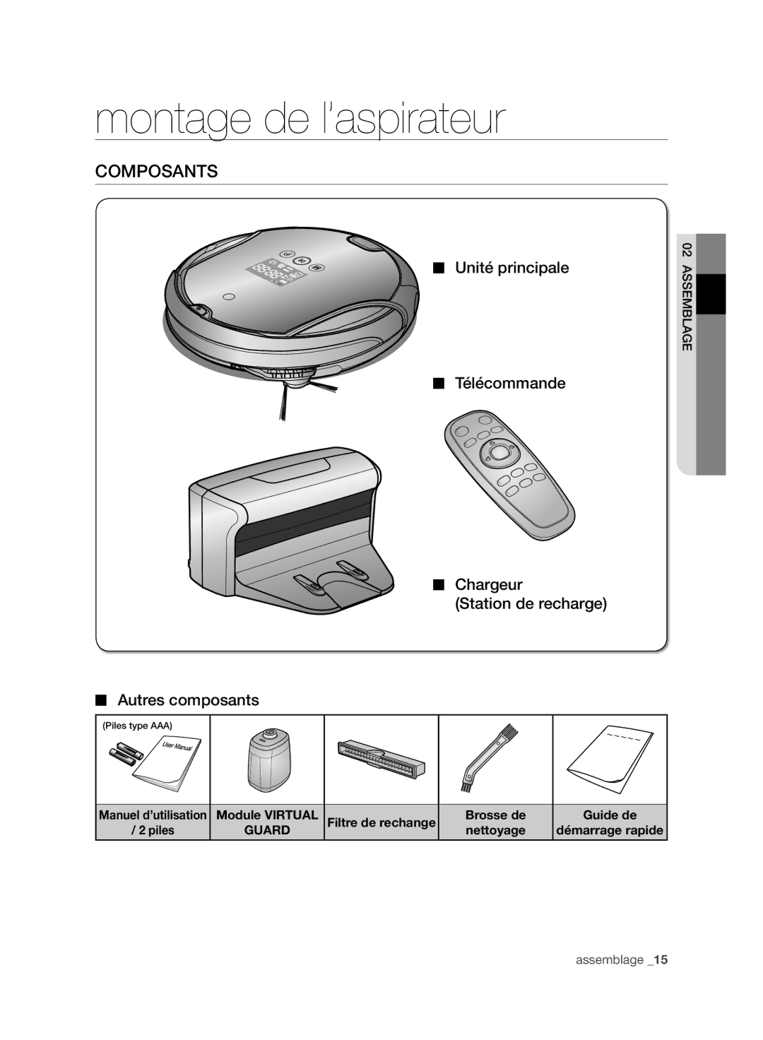 Samsung VR10F71UCBC/EG, VR10F71UCBC/EO manual Montage de l’aspirateur, Composants, Filtre de rechange Brosse de, Nettoyage 