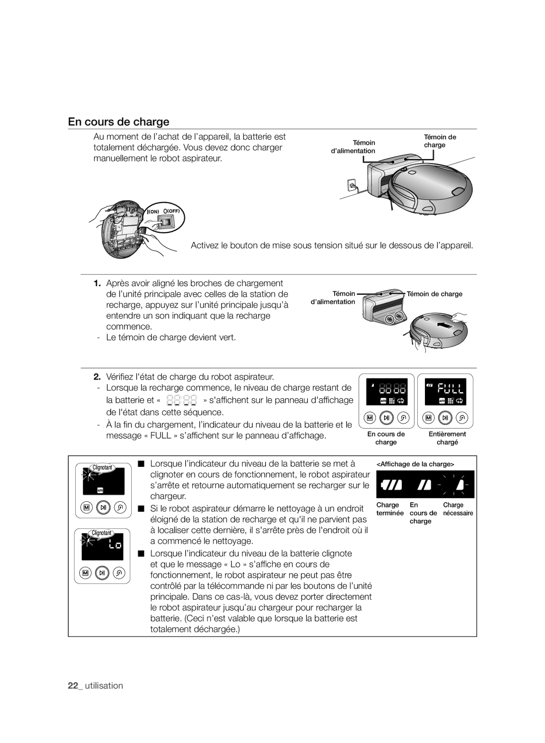 Samsung VR10F71UCBC/EO, VR10F71UCBC/EG, VR10F71UCBC/SW manual En cours de charge, Commence Le témoin de charge devient vert 