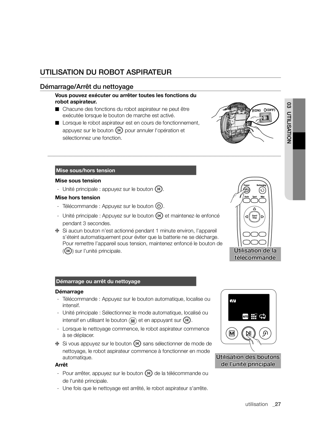 Samsung VR10F71UCBC/EG Utilisation DU Robot Aspirateur, Démarrage/Arrêt du nettoyage, Utilisation de la, Télécommande 