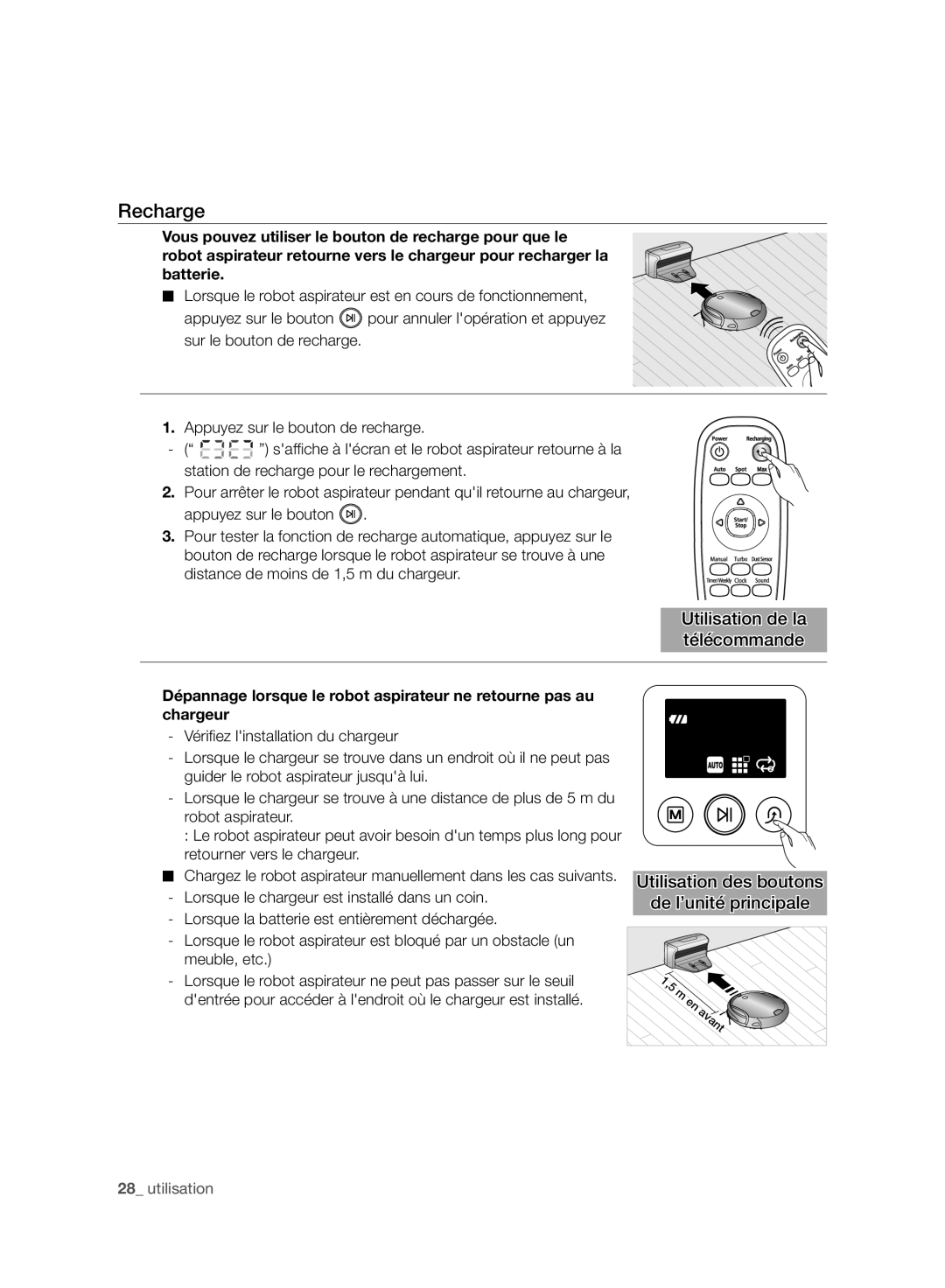 Samsung VR10F71UCBC/EO manual Recharge, Utilisation de la télécommande, Utilisation des boutons De l’unité principale 