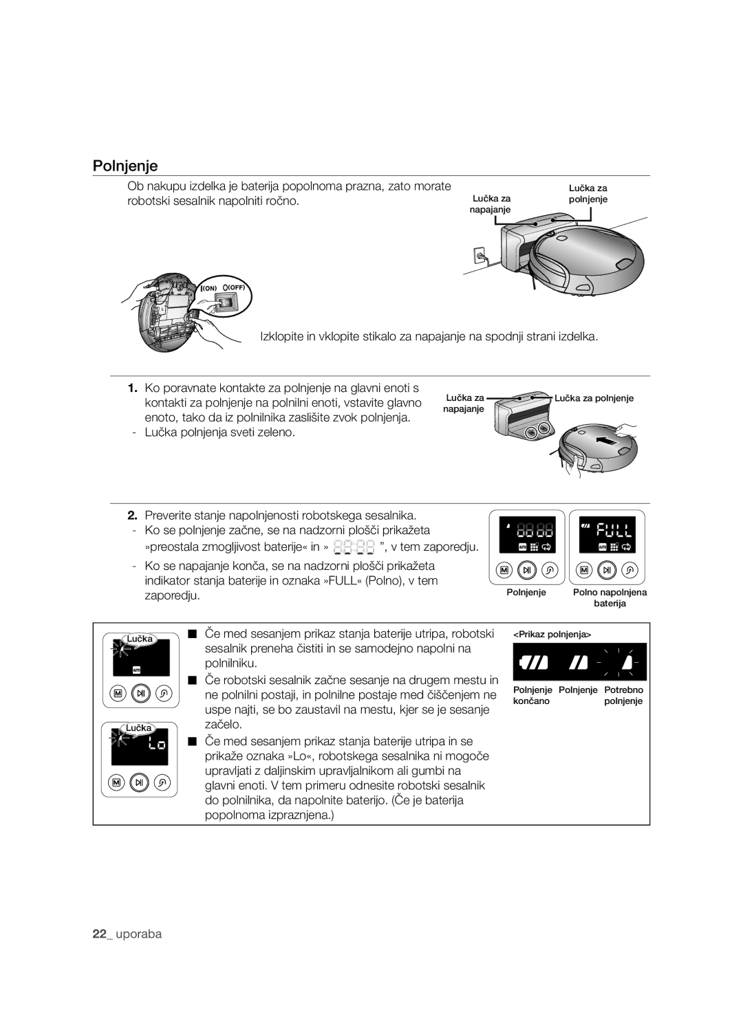 Samsung VR10F71UCBC/EO, VR10F71UCBC/EG, VR10F71UCBC/SW manual Polnjenje, Lučka polnjenja sveti zeleno 