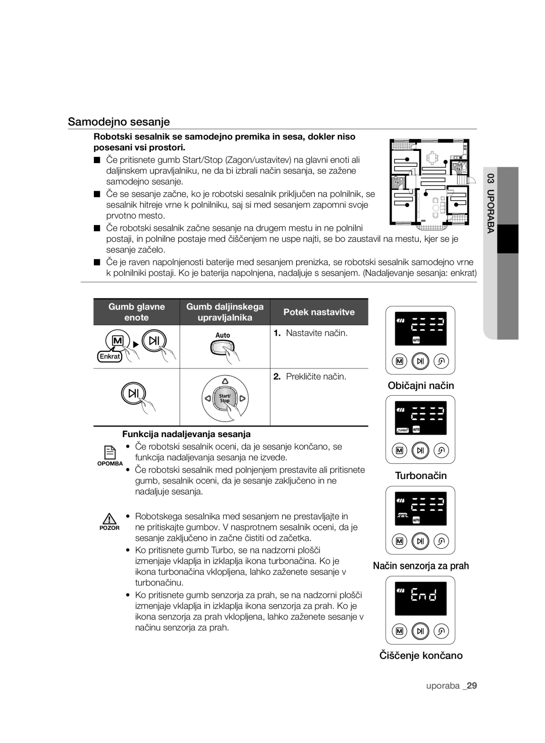 Samsung VR10F71UCBC/SW Samodejno sesanje, Upravljalnika, Nastavite način, Prekličite način, Funkcija nadaljevanja sesanja 