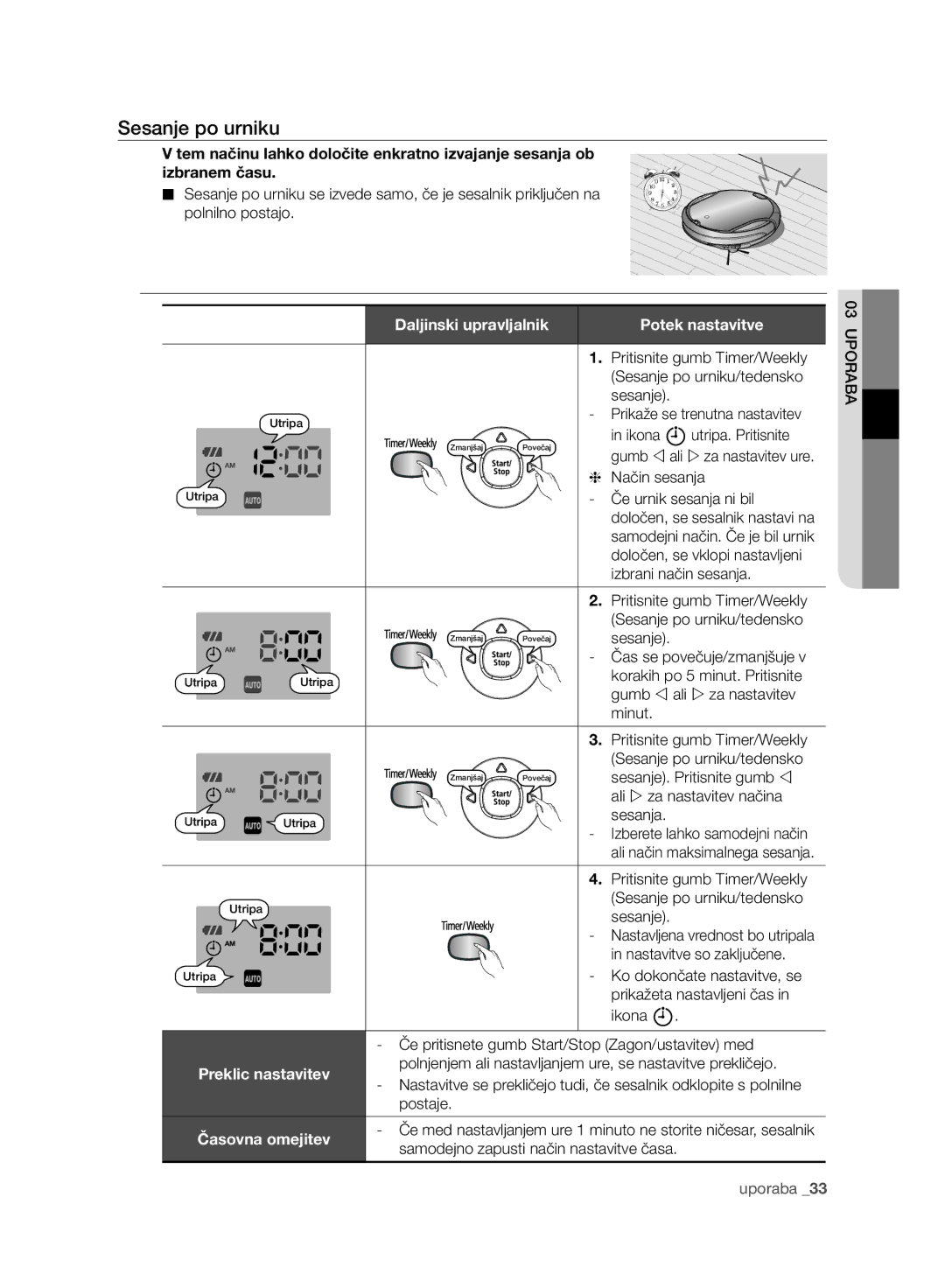 Samsung VR10F71UCBC/EG Sesanje po urniku, Daljinski upravljalnik Potek nastavitve, Preklic nastavitev, Časovna omejitev 