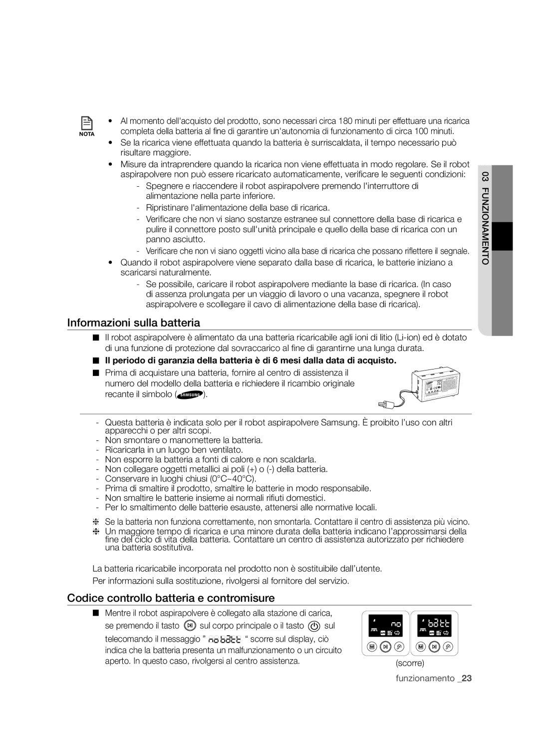 Samsung VR10F71UCBC/SW manual Informazioni sulla batteria, Codice controllo batteria e contromisure, Scorre funzionamento 