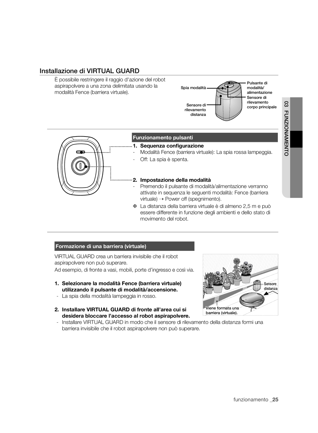 Samsung VR10F71UCBC/EO manual Installazione di Virtual Guard, Funzionamento pulsanti, Formazione di una barriera virtuale 