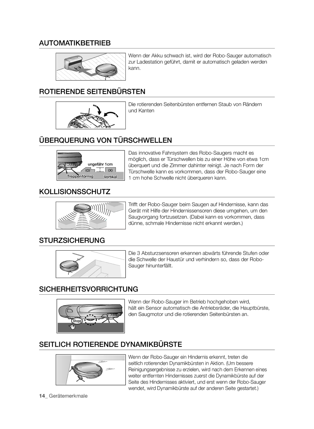 Samsung VR10F71UCBC/SW manual Automatikbetrieb, Rotierende Seitenbürsten, Überquerung VON Türschwellen, Kollisionsschutz 