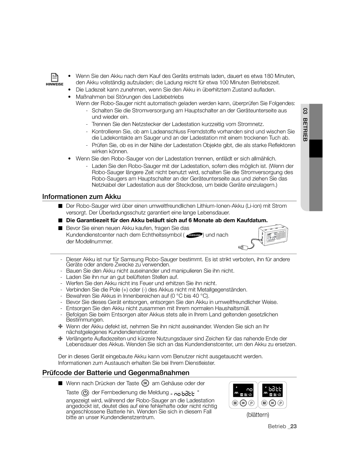 Samsung VR10F71UCBC/SW, VR10F71UCBC/EG manual Informationen zum Akku, Prüfcode der Batterie und Gegenmaßnahmen, Blättern 