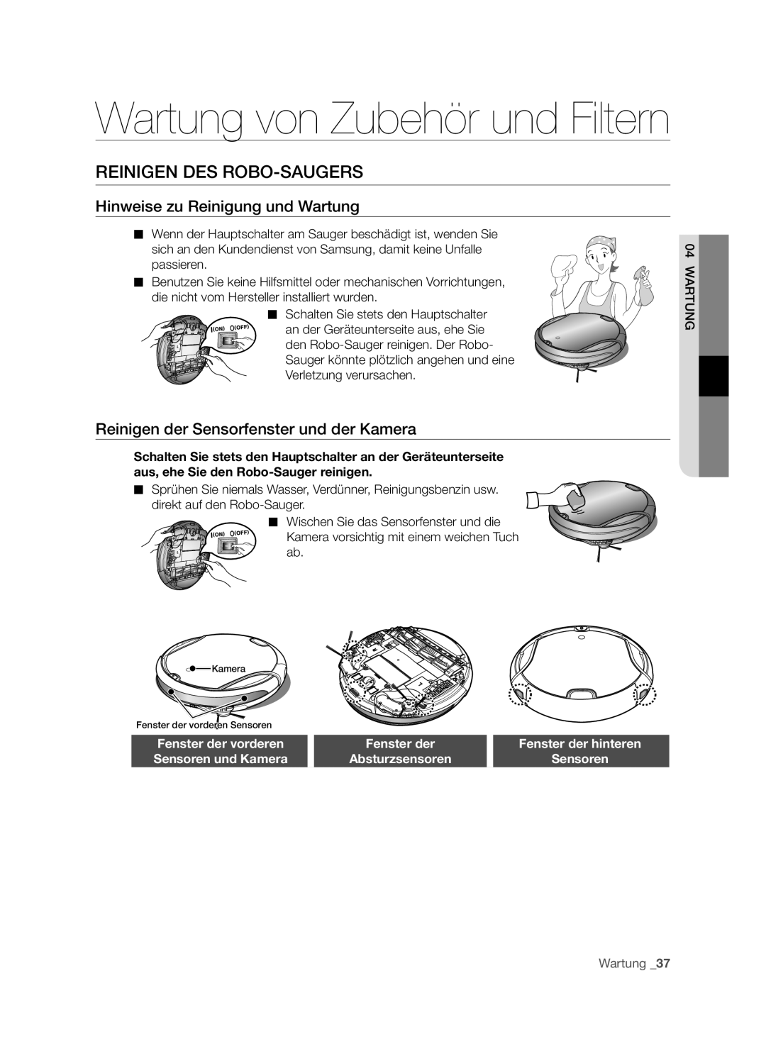 Samsung VR10F71UCBC/EO, VR10F71UCBC/EG, VR10F71UCBC/SW manual Reinigen DES ROBO-SAUGERS, Hinweise zu Reinigung und Wartung 