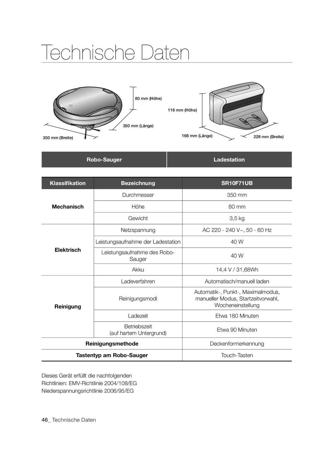 Samsung VR10F71UCBC/EO, VR10F71UCBC/EG, VR10F71UCBC/SW manual Robo-Sauger, Ladestation, Bezeichnung, 350 mm, Höhe 80 mm 