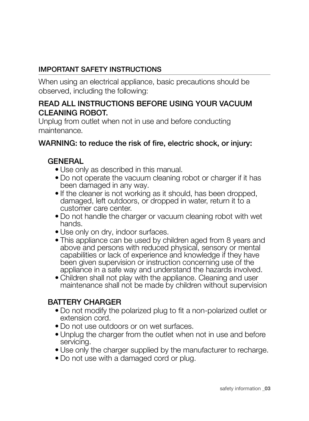 Samsung VR10F71UCBC/EG, VR10F71UCBC/EO, VR10F71UCBC/SW manual General, Important Safety Instructions 