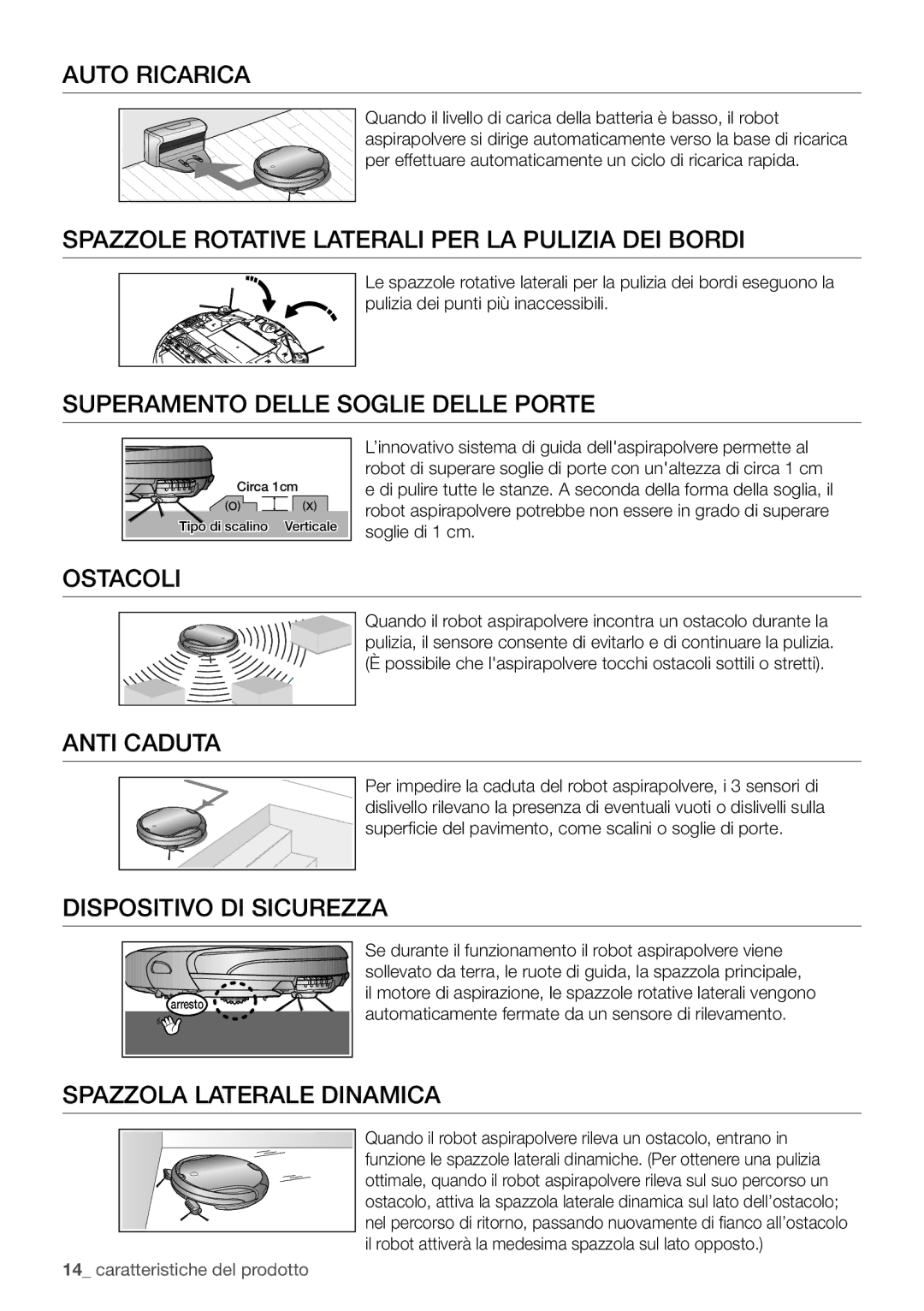 Samsung VR10F71UCBN/ET, VR10F71UCBC/ET manual Auto ricarica, Superamento delle soglie delle porte, Ostacoli, Anti caduta 