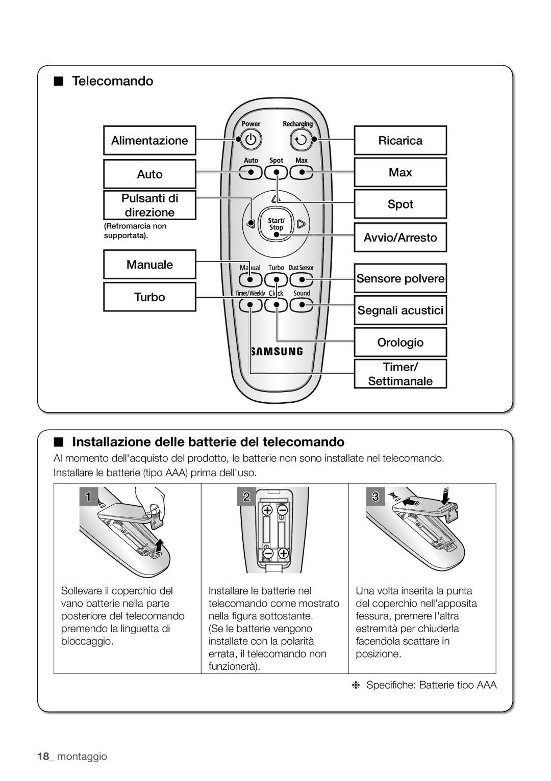 Samsung VR10F71UCBN/ET, VR10F71UCBC/ET manual Installazione delle batterie del telecomando 