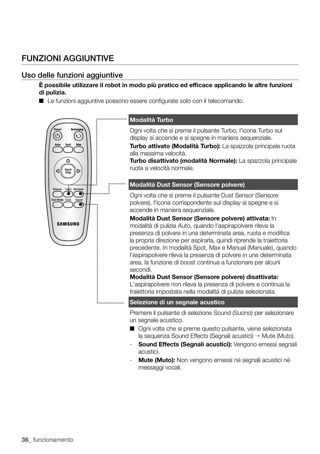 Samsung VR10F71UCBN/ET, VR10F71UCBC/ET manual Funzioni aggiuntive, Uso delle funzioni aggiuntive, Modalità Turbo 