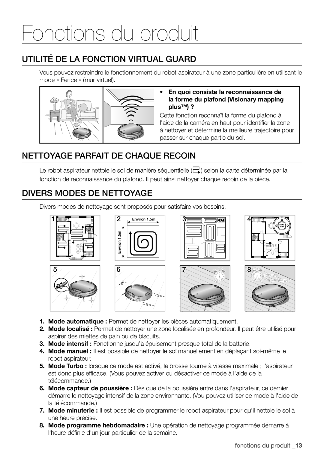 Samsung VR10F71UCCN/EF manual Fonctions du produit, Divers modes de nettoyage 