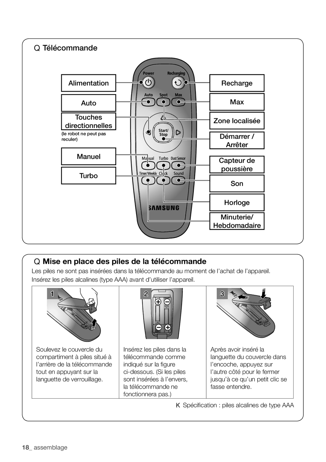 Samsung VR10F71UCCN/EF manual Poussière, Son, Hebdomadaire 