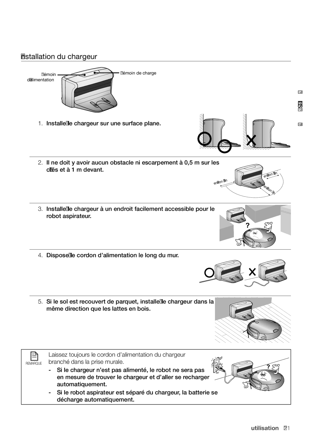 Samsung VR10F71UCCN/EF manual Installation du chargeur, Installez le chargeur sur une surface plane, Côtés et à 1 m devant 