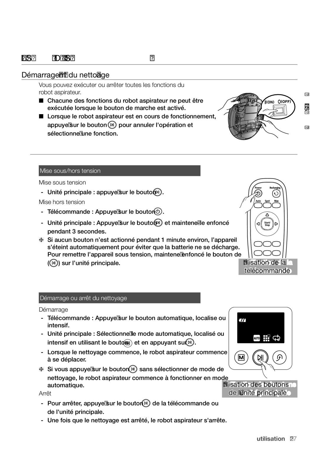 Samsung VR10F71UCCN/EF manual Utilisation du robot aspirateur, Démarrage/Arrêt du nettoyage, Mise sous/hors tension 