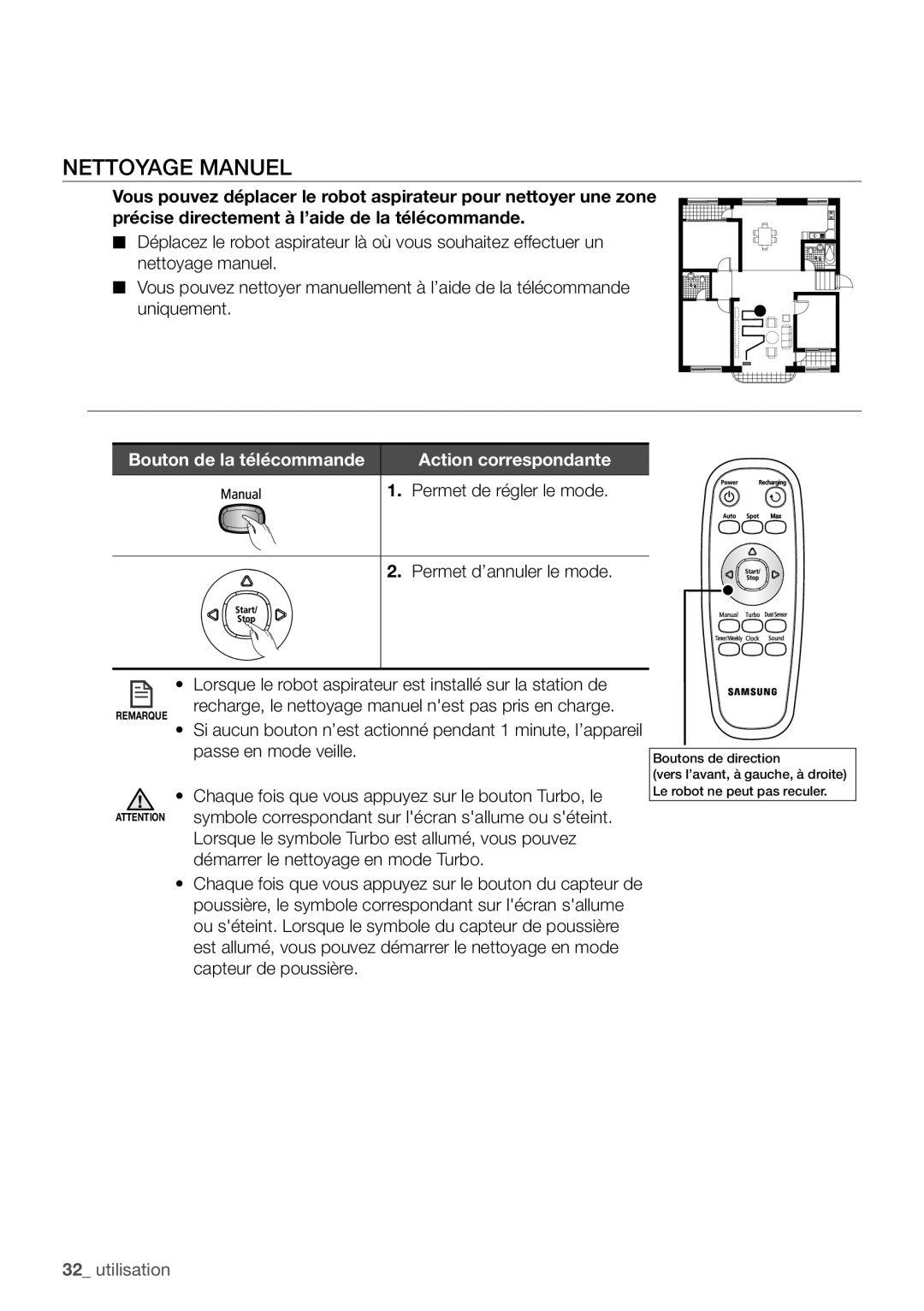 Samsung VR10F71UCCN/EF Nettoyage manuel, Bouton de la télécommande, Recharge, le nettoyage manuel nest pas pris en charge 