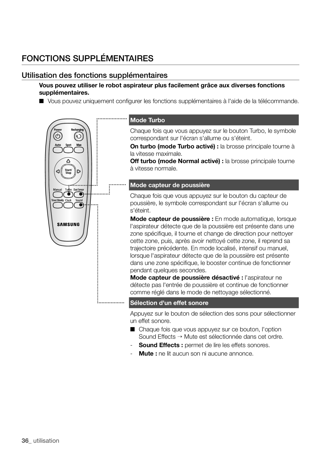 Samsung VR10F71UCCN/EF manual Fonctions supplémentaires, Utilisation des fonctions supplémentaires, Mode Turbo 