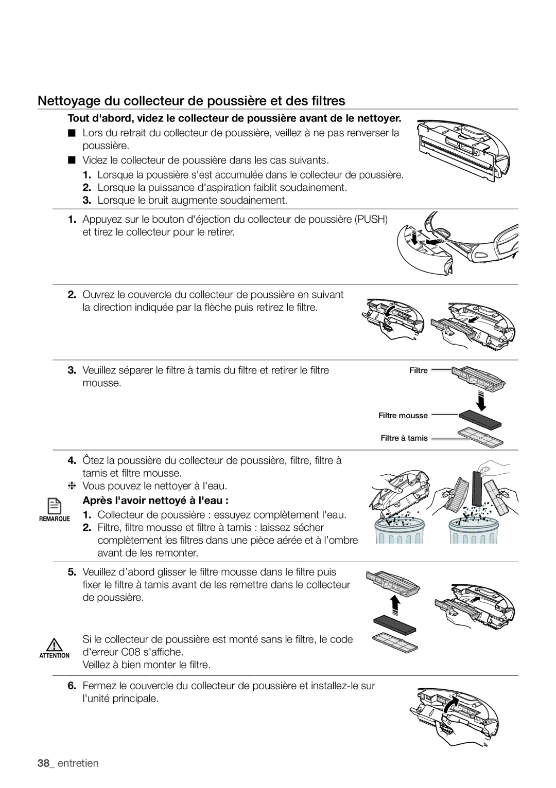 Samsung VR10F71UCCN/EF manual Nettoyage du collecteur de poussière et des filtres, Après lavoir nettoyé à leau 