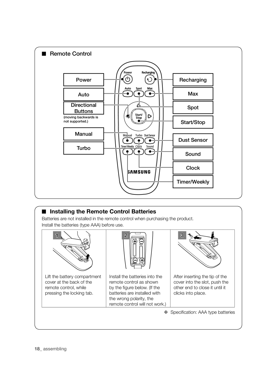 Samsung VR10F71UCDC/ML manual Installing the Remote Control Batteries 