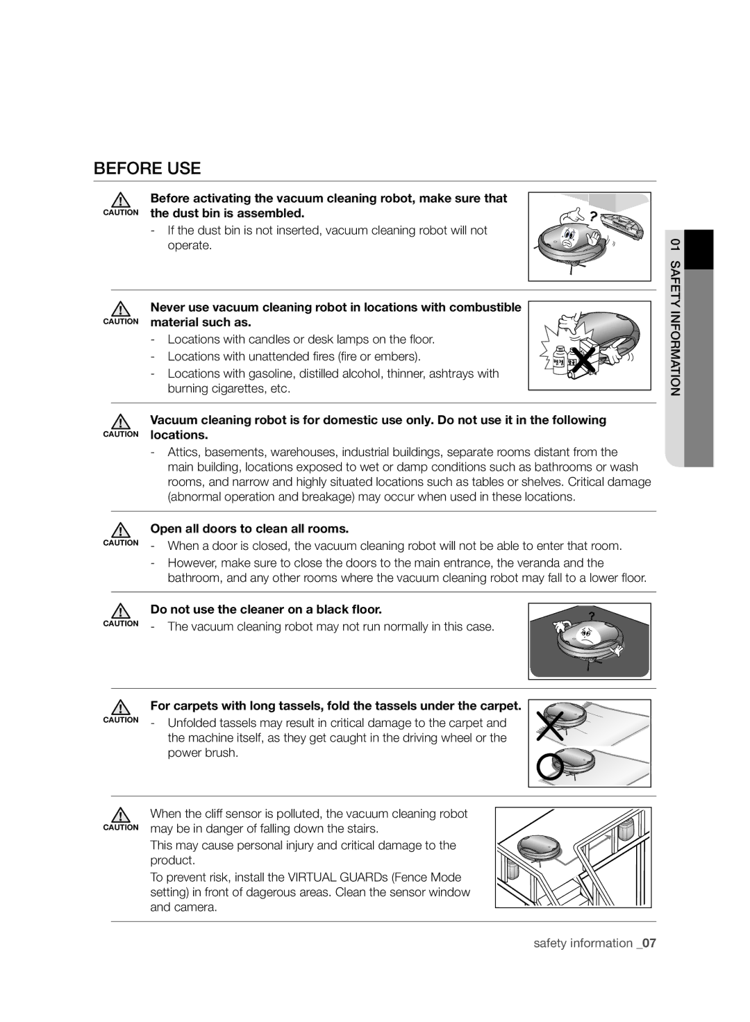 Samsung VR10F71UCDC/ML manual Before USE, Material such as, Open all doors to clean all rooms 