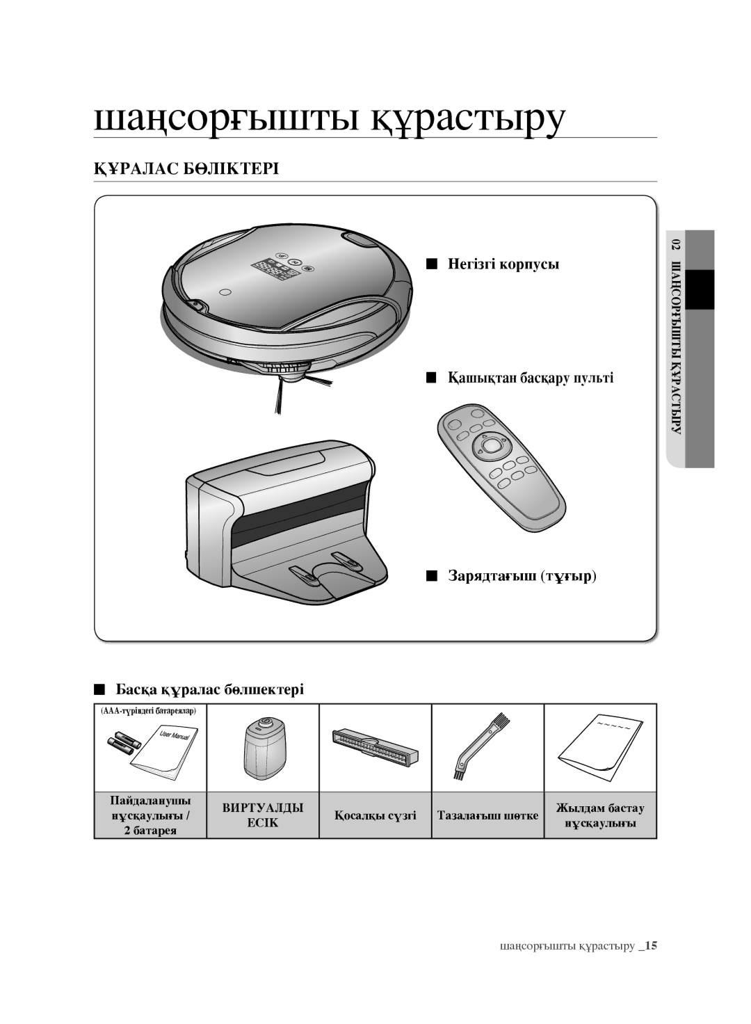 Samsung VR10F71UCBC/EV, VR10F71UCEC/EV manual Шаңсорғышты құрастыру, Құралас Бөліктері, Қосалқы сүзгі Тазалағыш шөтке 