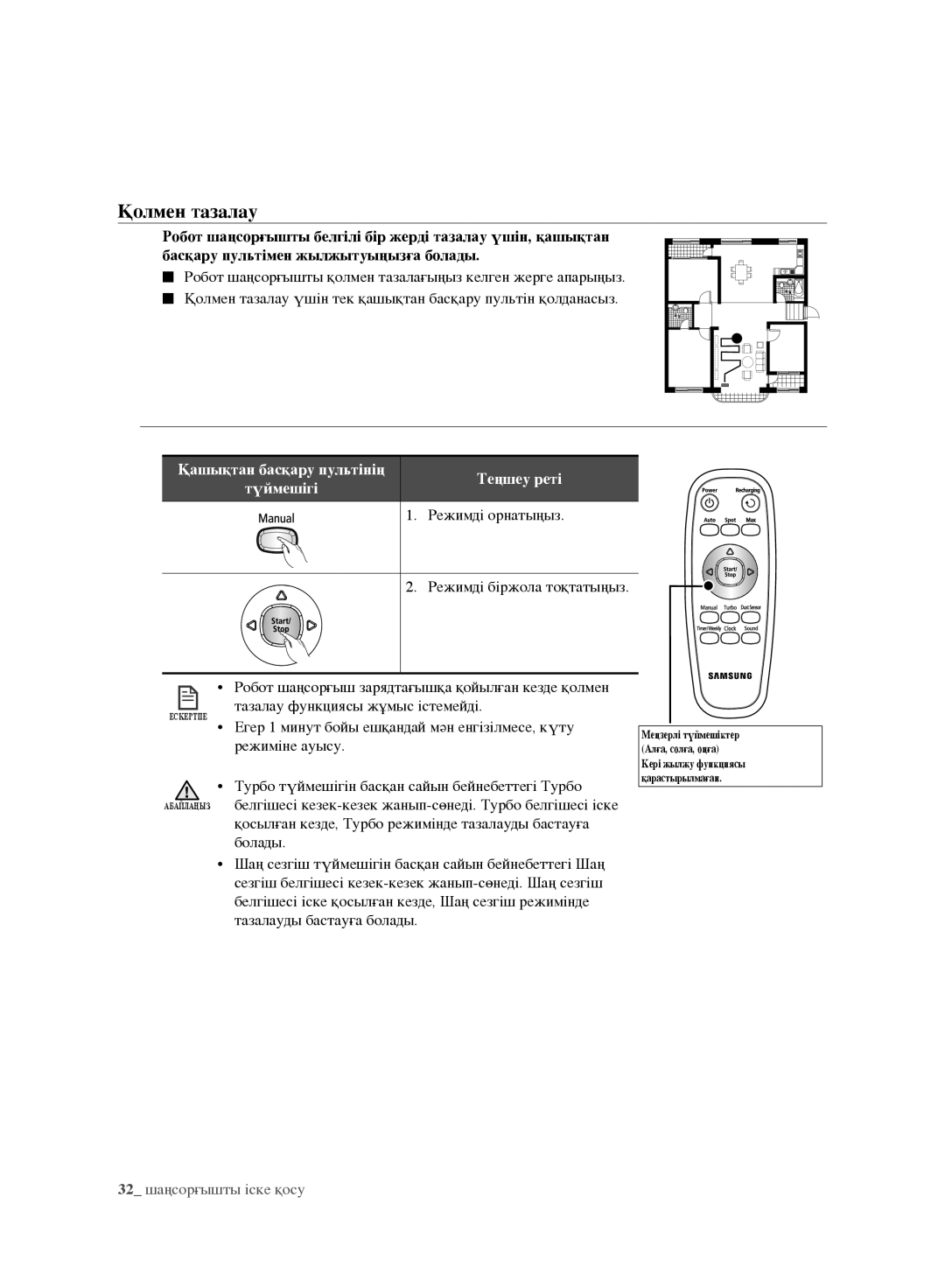 Samsung VR10F71UCEC/EV manual Қолмен тазалау, Режимді орнатыңыз, Қосылған кезде, Турбо режимінде тазалауды бастауға болады 