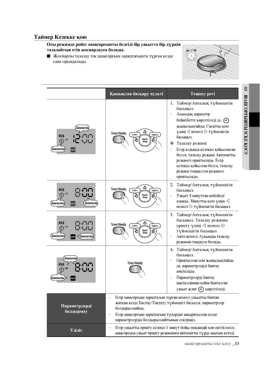 Samsung VR10F71UCBC/EV Ғана орындалады, Таймер/Апталық түймешігін, Басыңыз Ағымдық параметр, Жыпылықтайды. Сағатты қою 