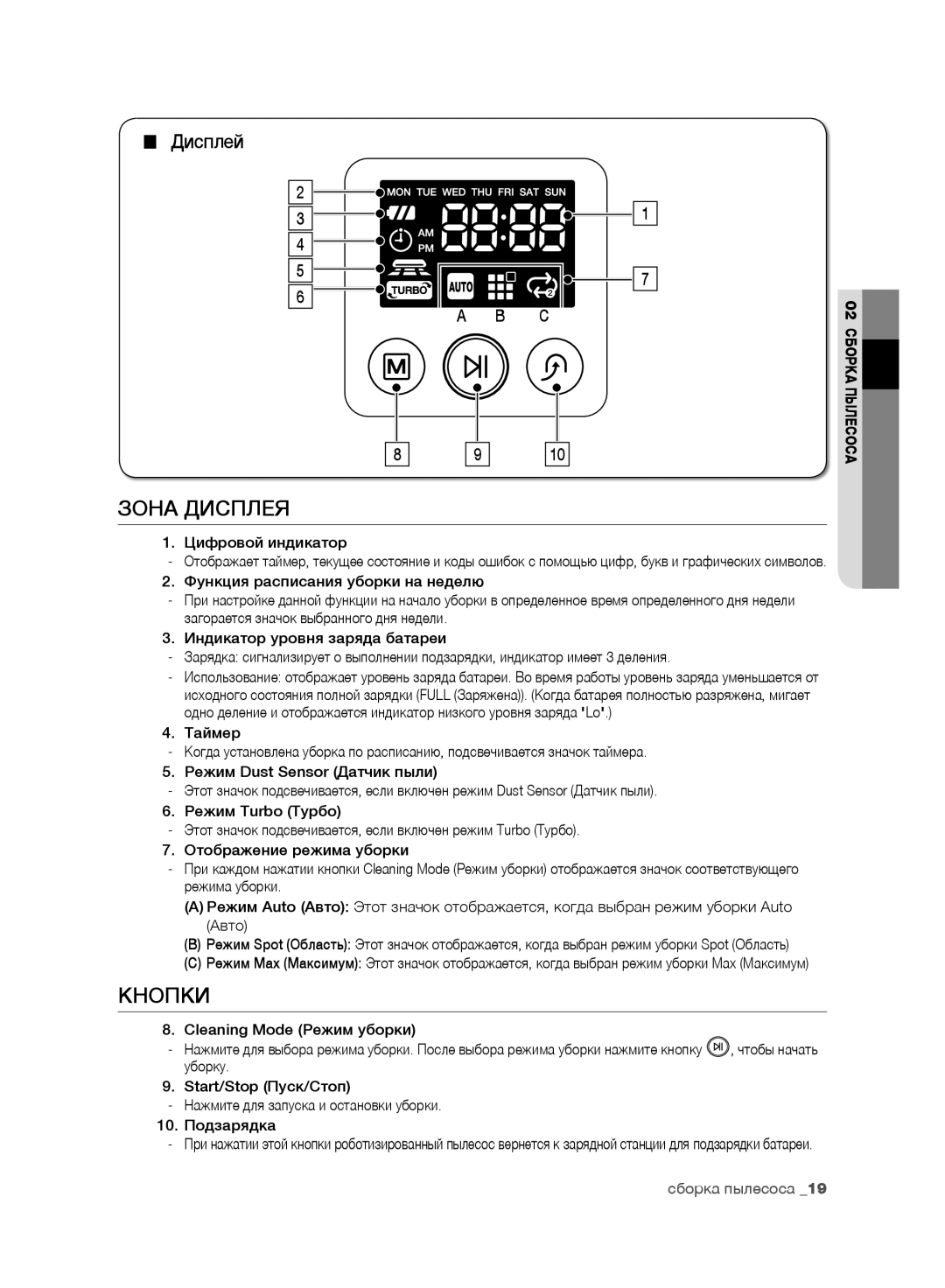 Samsung VR10F71UCBC/EV, VR10F71UCEC/EV manual Зона Дисплея, Кнопки, Дисплей, Цифровой индикатор, Cleaning Mode Режим уборки 