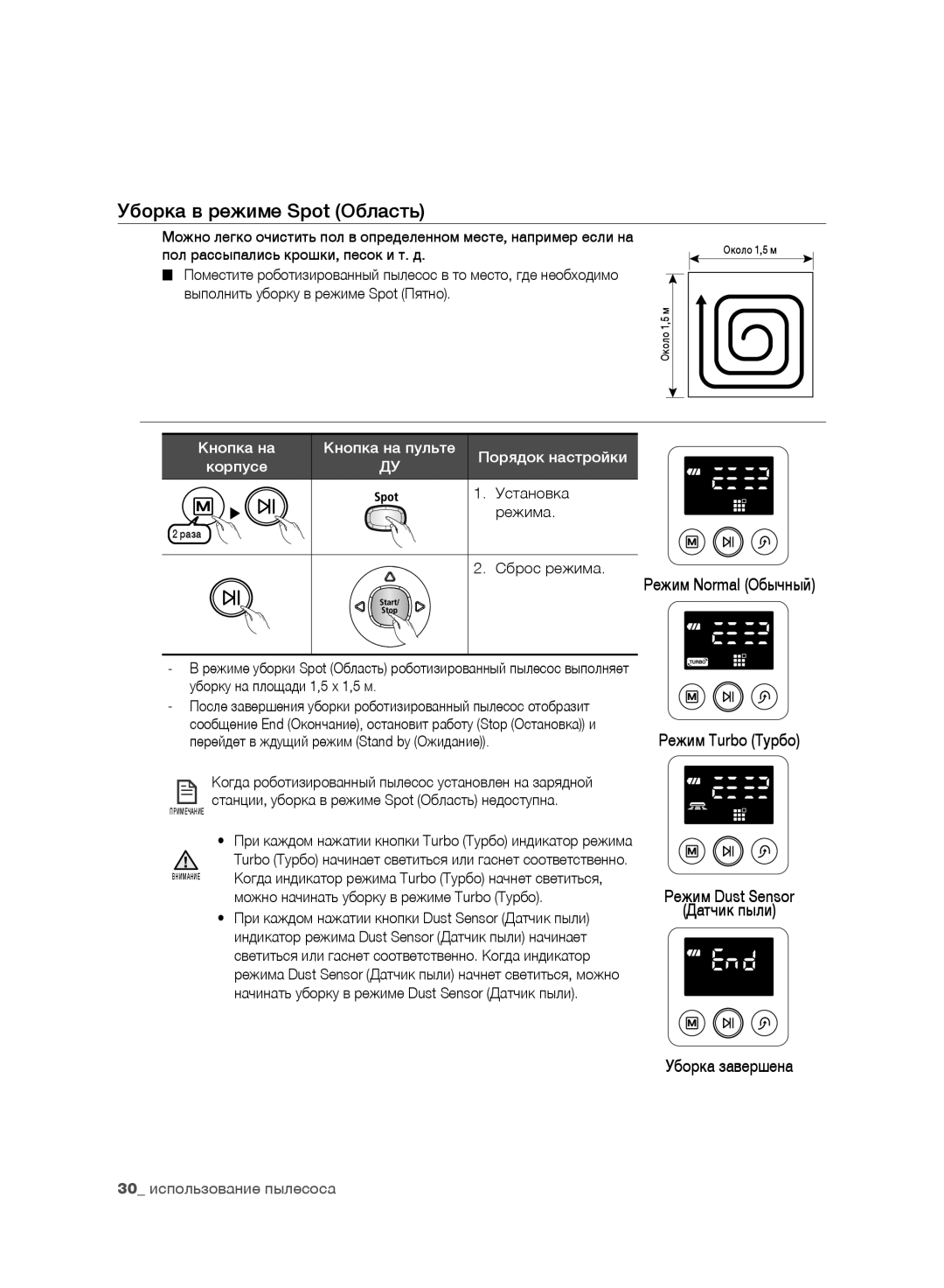 Samsung VR10F71UCEC/EV, VR10F71UCBC/EV manual Уборка в режиме Spot Область, Можно начинать уборку в режиме Turbo Турбо 