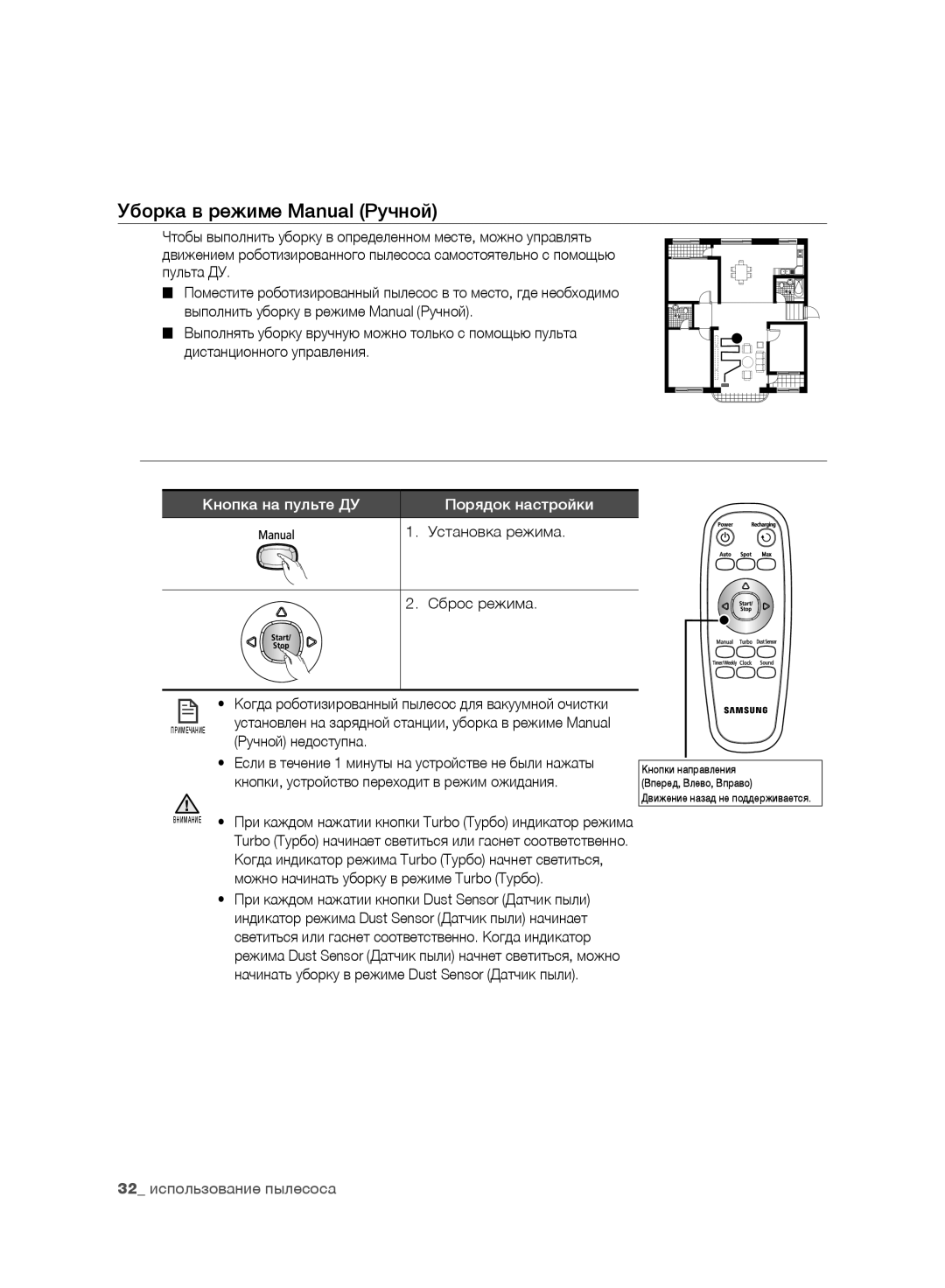 Samsung VR10F71UCEC/EV Уборка в режиме Manual Ручной, Кнопка на пульте ДУ Порядок настройки, Установка режима Сброс режима 