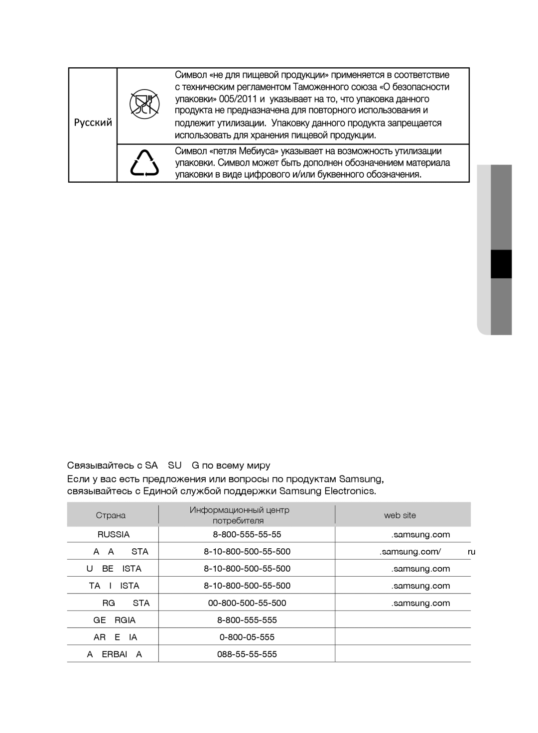 Samsung VR10F71UCEC/EV, VR10F71UCBC/EV manual Связывайтесь с Samsung по всему миру, Страна 