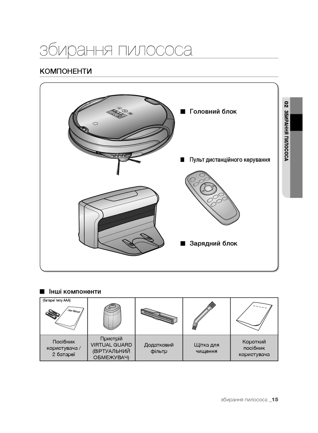 Samsung VR10F71UCBC/EV, VR10F71UCEC/EV manual Збирання пилососа, Компоненти 