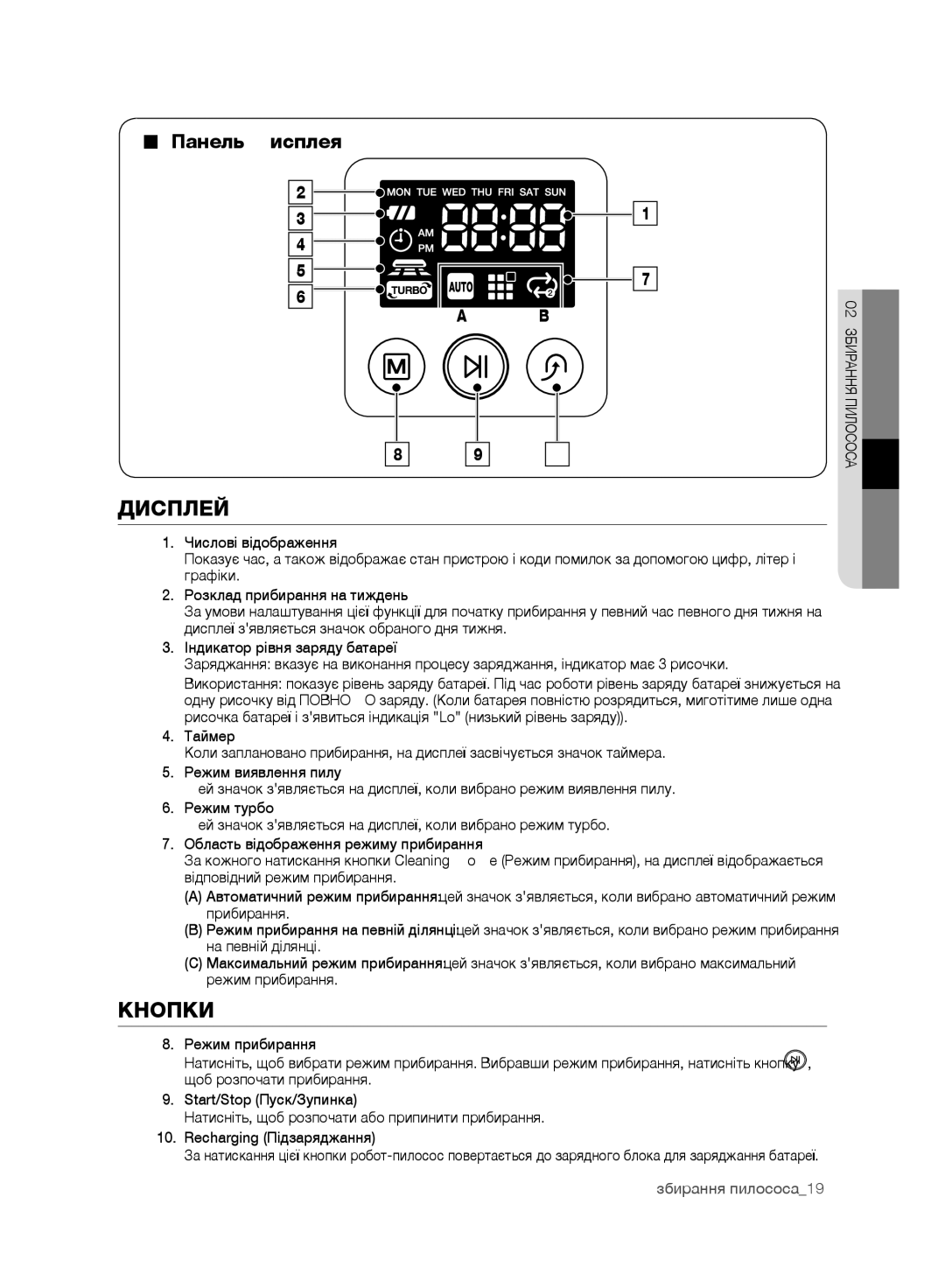 Samsung VR10F71UCBC/EV, VR10F71UCEC/EV manual Дисплей, Панель дисплея, Режим прибирання 