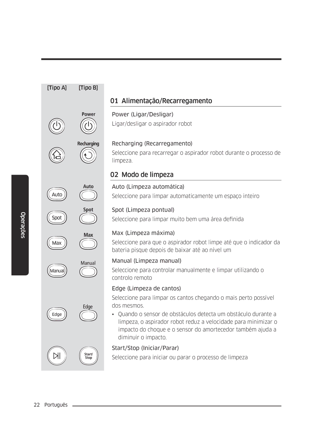 Samsung VR10J5054UD/ET, VR10J5010UA/ET, VR10J5034UC/ET manual Alimentação/Recarregamento, Modo de limpeza 