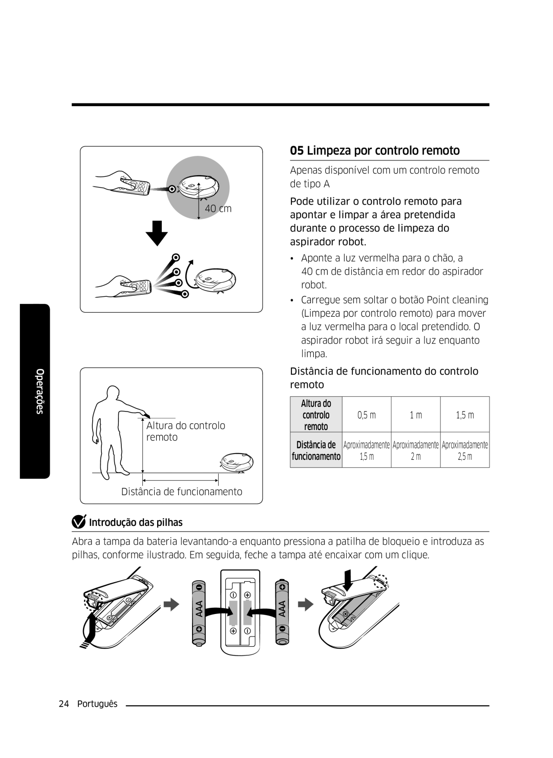 Samsung VR10J5010UA/ET, VR10J5054UD/ET, VR10J5034UC/ET manual Limpeza por controlo remoto 