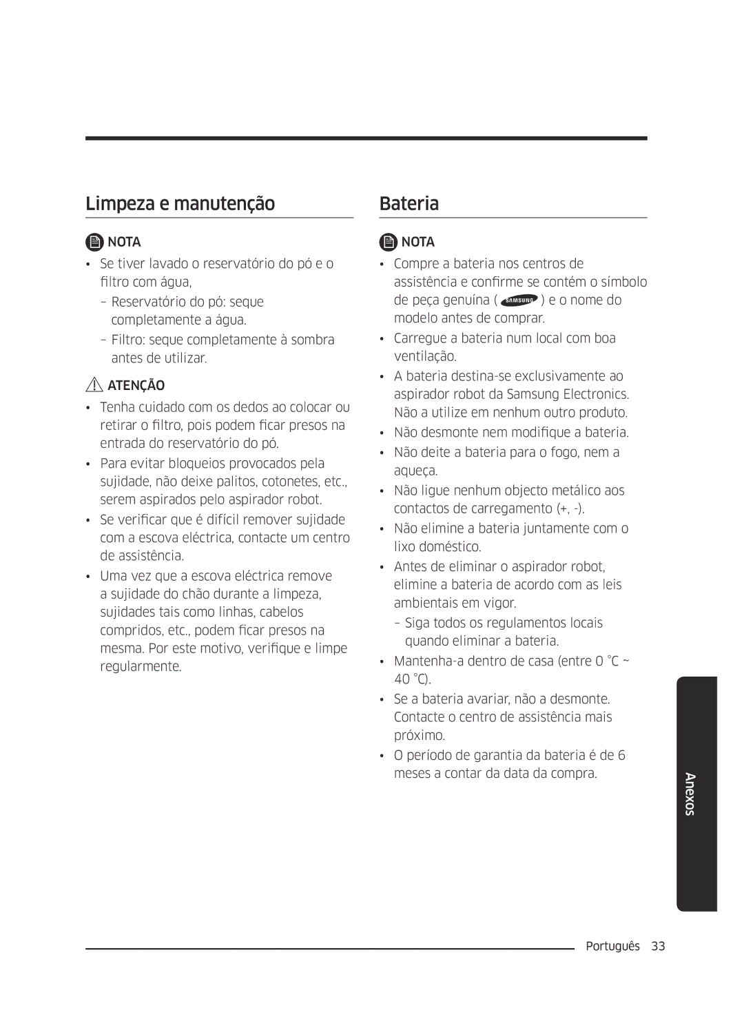 Samsung VR10J5010UA/ET, VR10J5054UD/ET, VR10J5034UC/ET manual Limpeza e manutenção, Bateria 