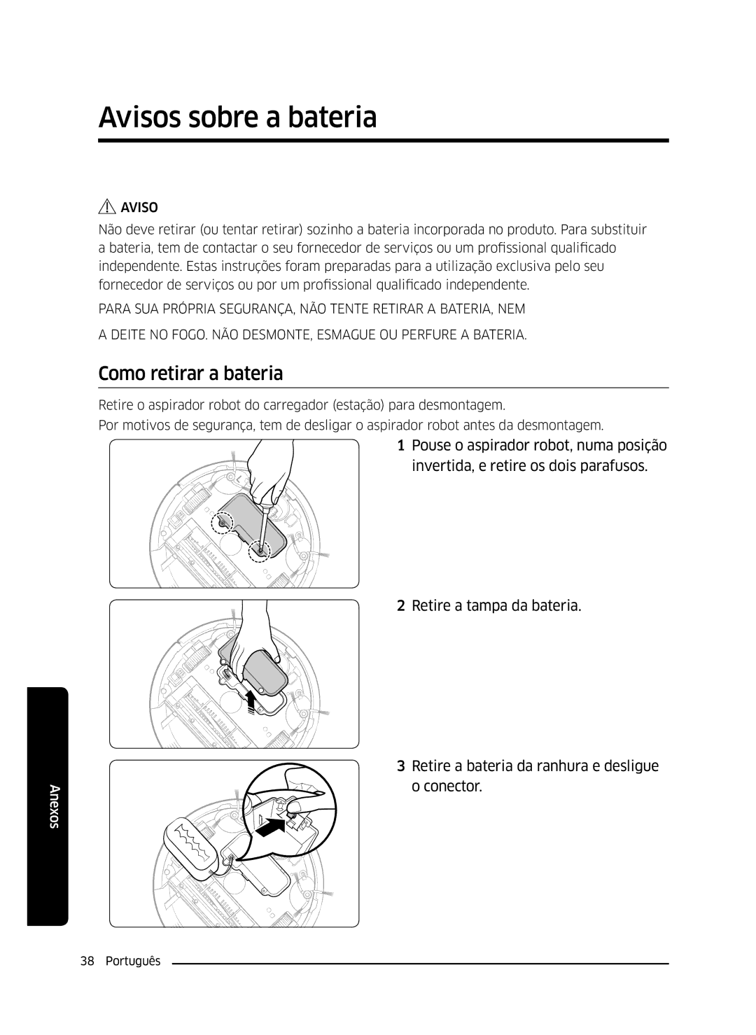 Samsung VR10J5034UC/ET, VR10J5010UA/ET, VR10J5054UD/ET manual Avisos sobre a bateria, Como retirar a bateria 