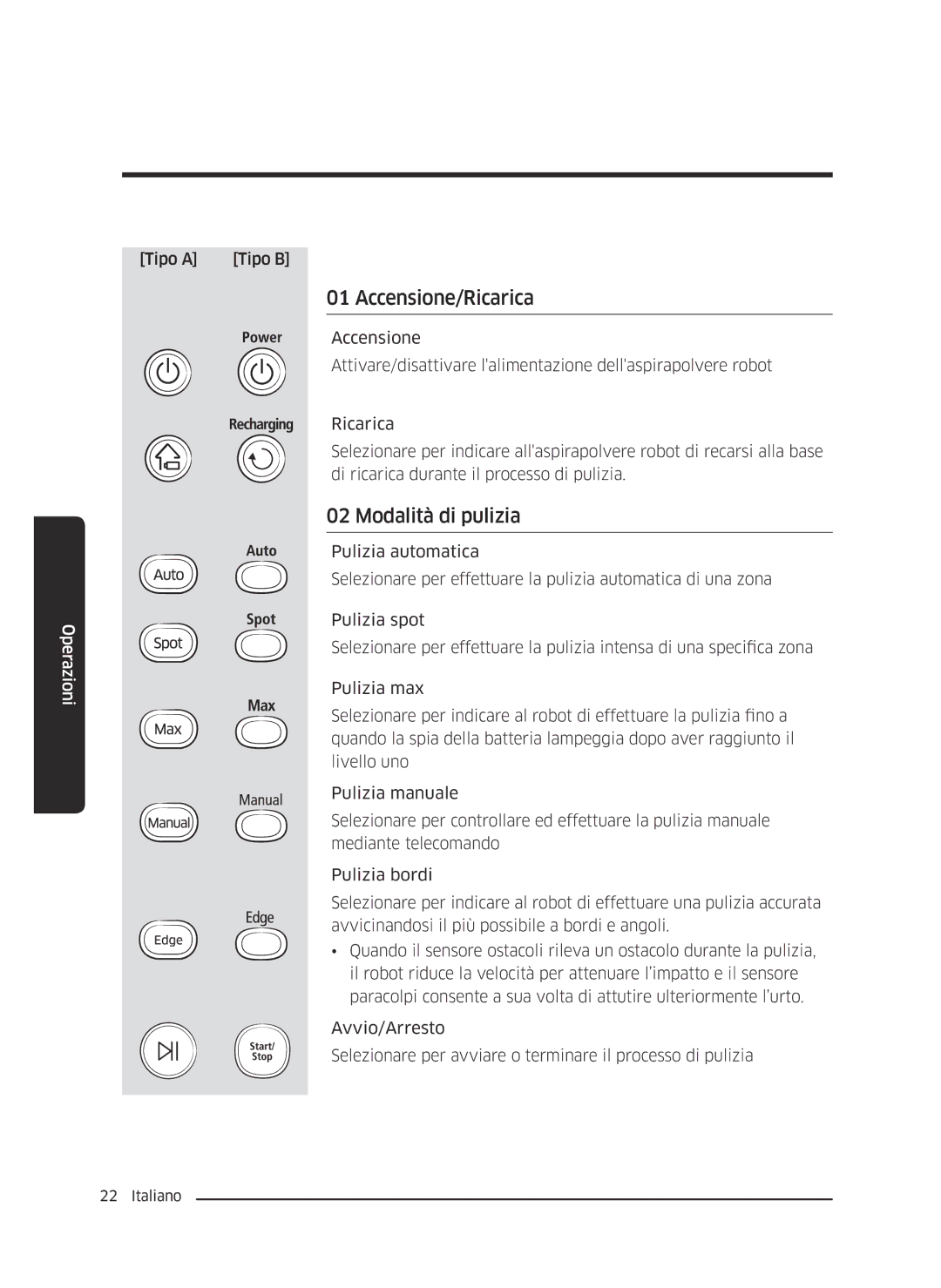 Samsung VR10J5054UD/ET, VR10J5010UA/ET, VR10J5034UC/ET manual Accensione/Ricarica, Modalità di pulizia 