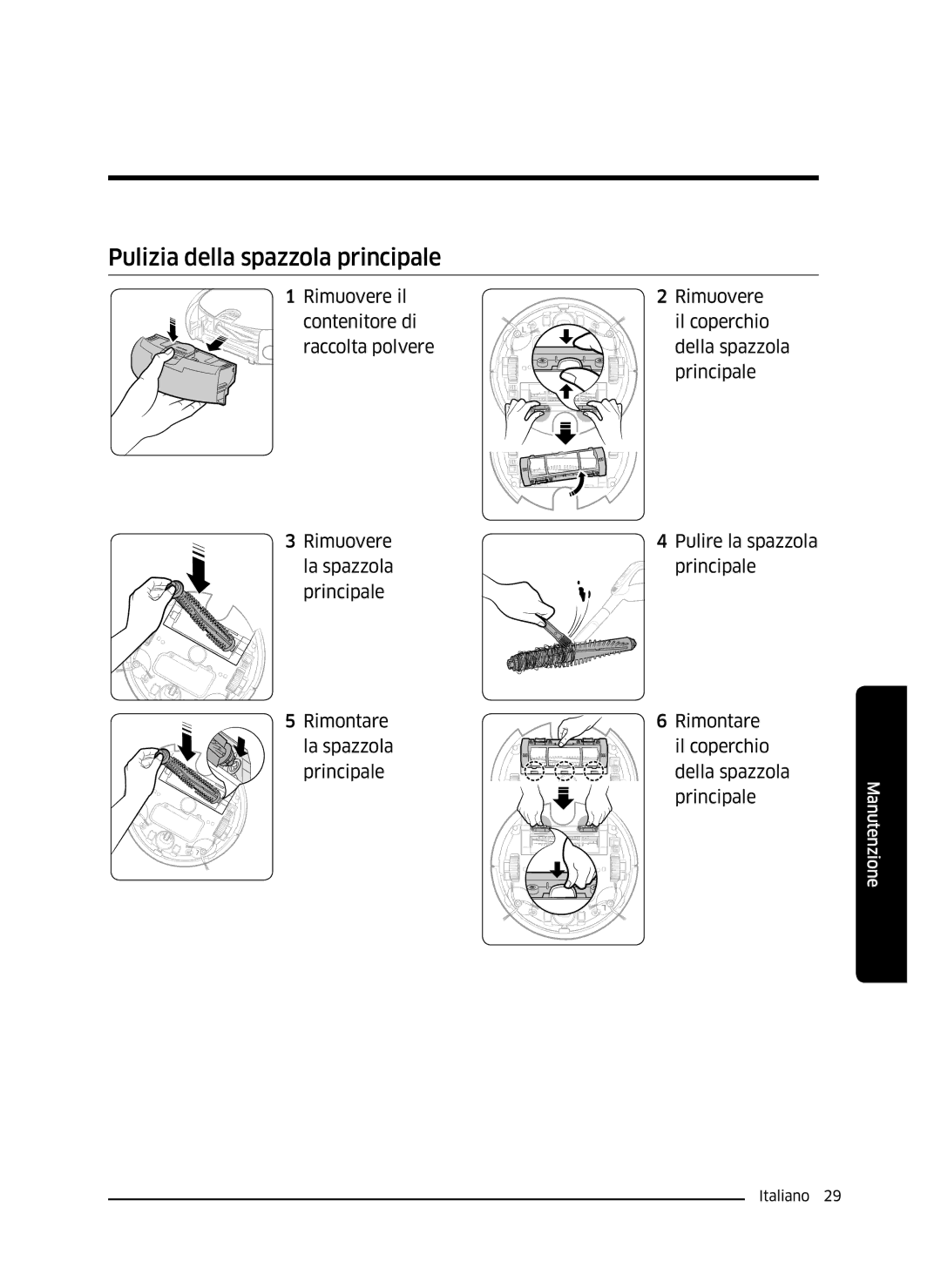 Samsung VR10J5034UC/ET, VR10J5010UA/ET, VR10J5054UD/ET manual Pulizia della spazzola principale 