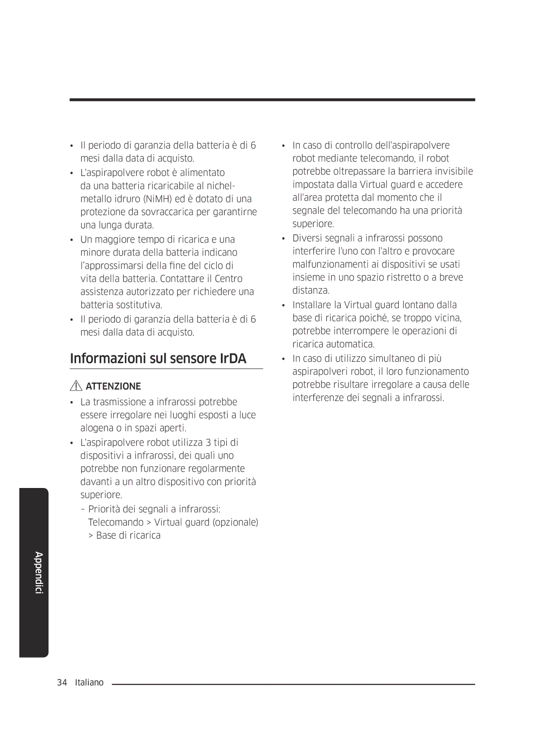 Samsung VR10J5054UD/ET, VR10J5010UA/ET, VR10J5034UC/ET manual Informazioni sul sensore IrDA 