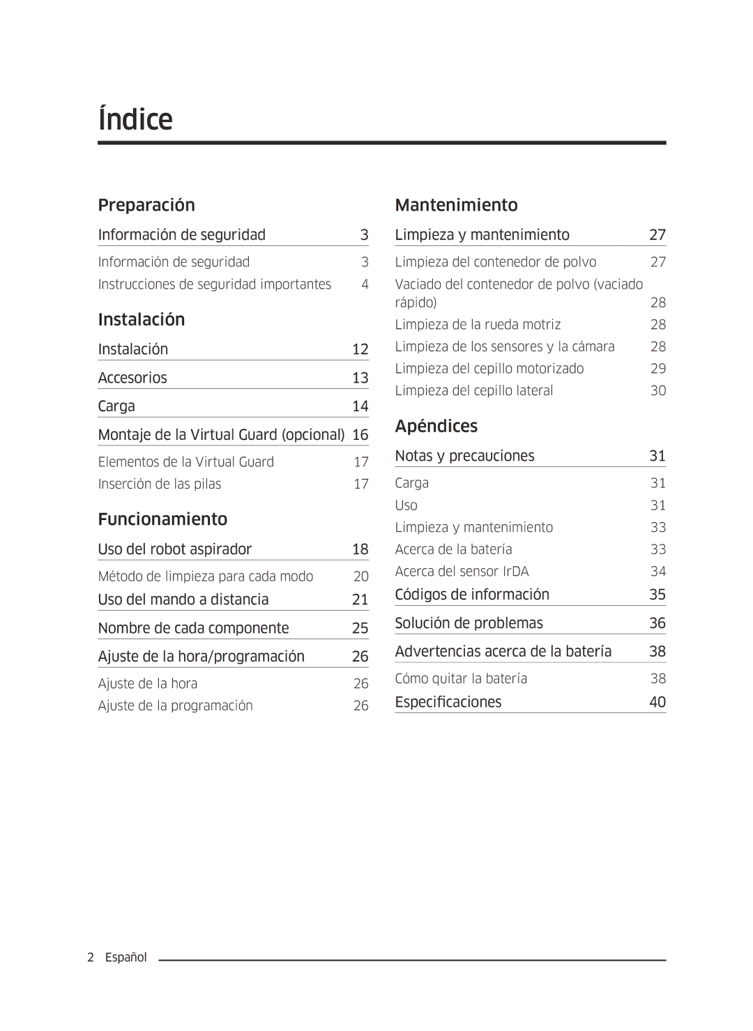 Samsung VR10J5034UC/ET, VR10J5010UA/ET, VR10J5054UD/ET manual Índice, Instalación 