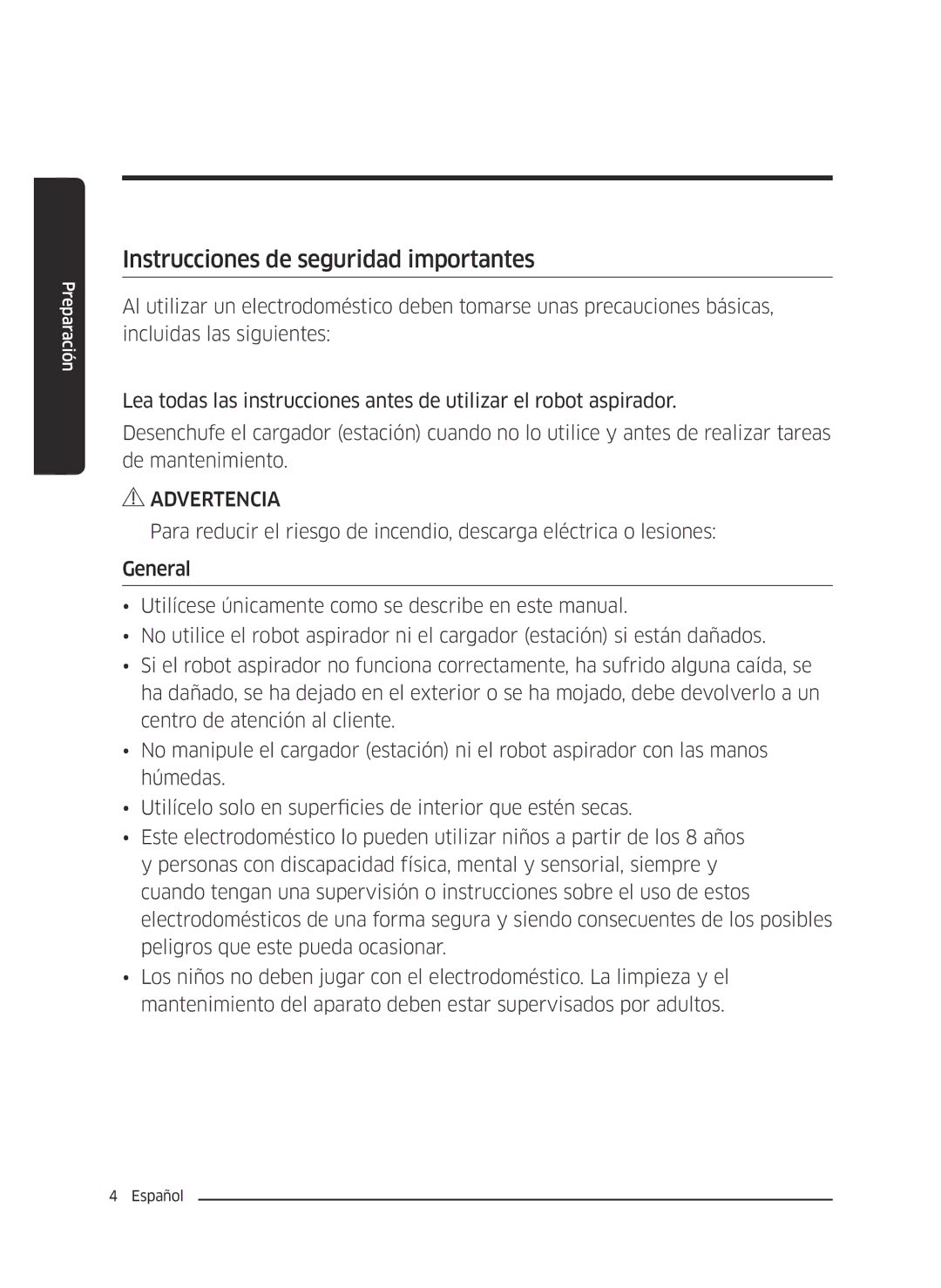 Samsung VR10J5054UD/ET, VR10J5010UA/ET, VR10J5034UC/ET manual Instrucciones de seguridad importantes 