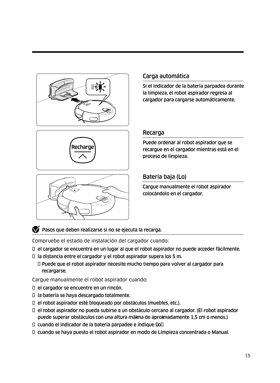 Samsung VR10J5010UA/ET, VR10J5054UD/ET, VR10J5034UC/ET manual Carga automática, Recarga, Batería baja Lo 