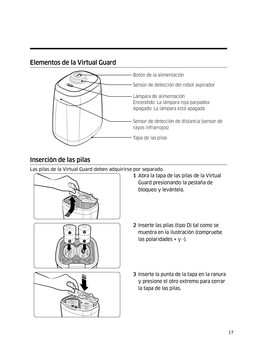 Samsung VR10J5034UC/ET, VR10J5010UA/ET, VR10J5054UD/ET manual Elementos de la Virtual Guard, Inserción de las pilas 