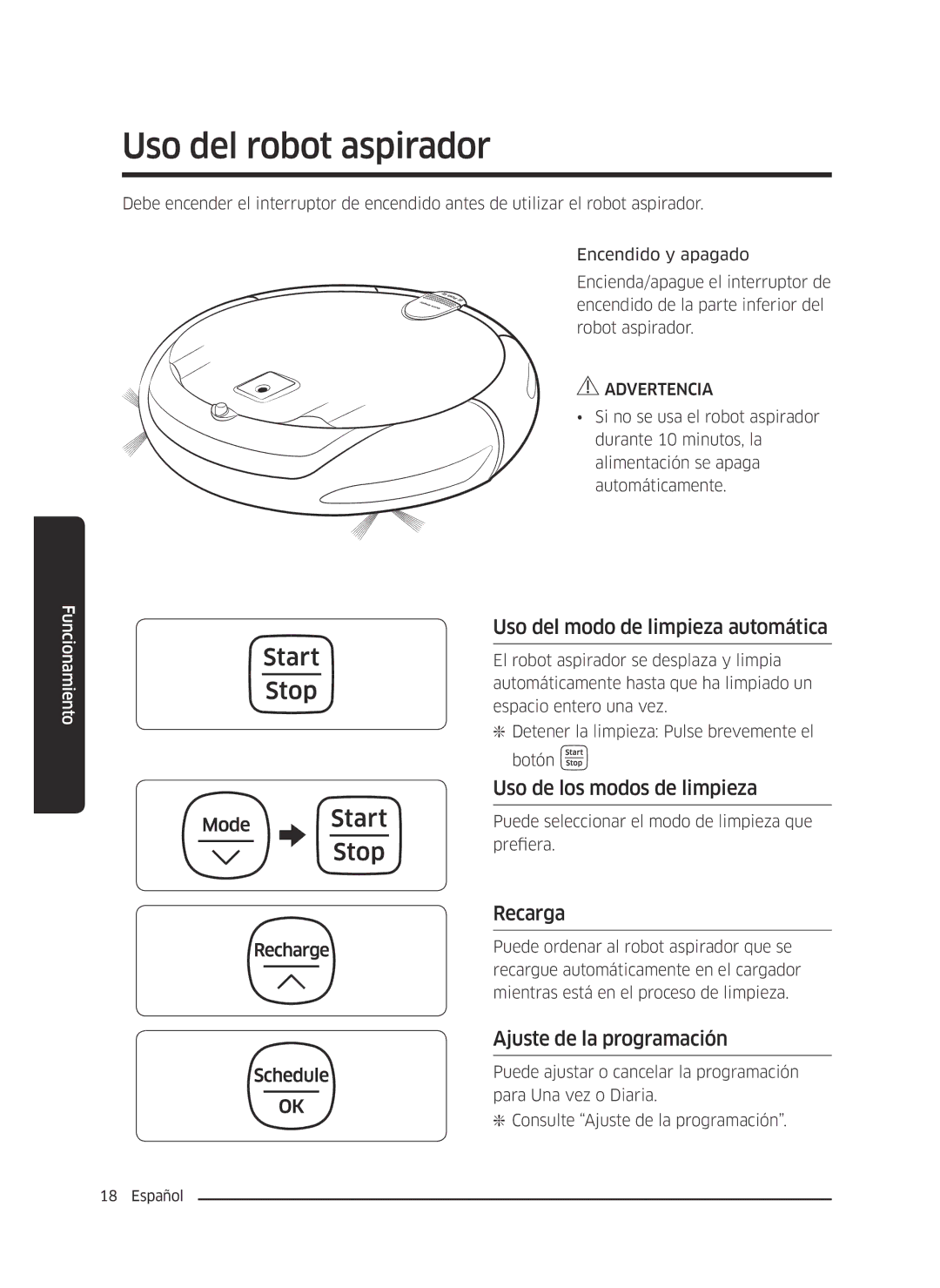 Samsung VR10J5010UA/ET manual Uso del robot aspirador, Uso del modo de limpieza automática, Uso de los modos de limpieza 