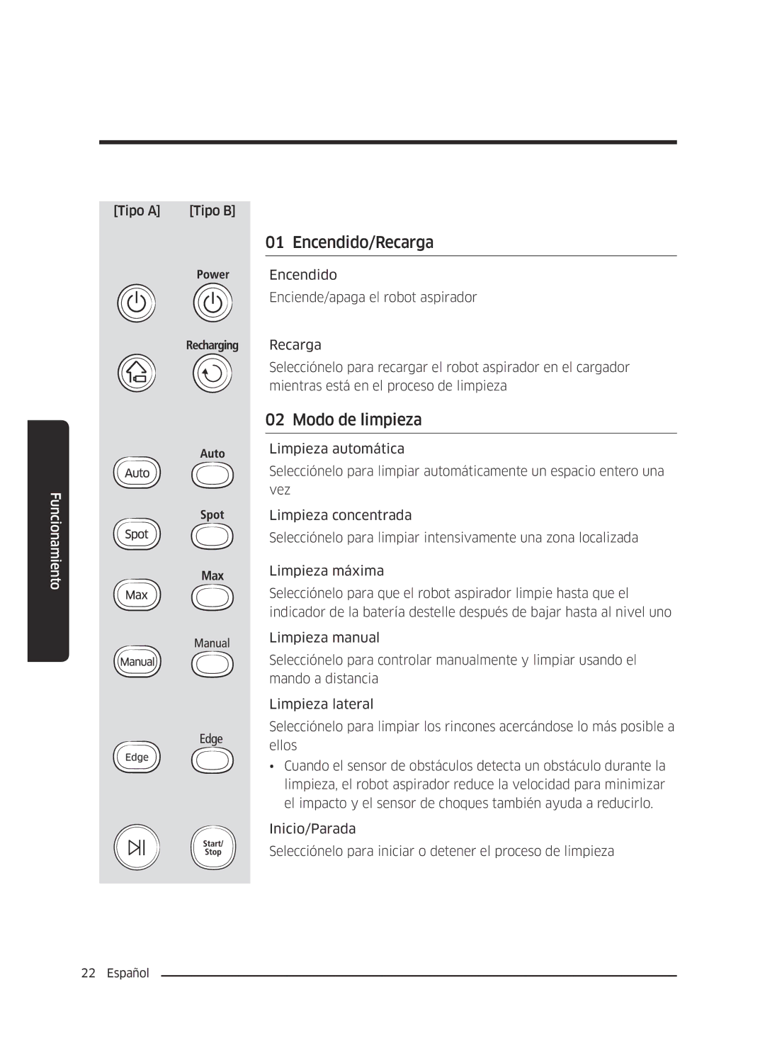 Samsung VR10J5054UD/ET, VR10J5010UA/ET, VR10J5034UC/ET manual Encendido/Recarga, Modo de limpieza 